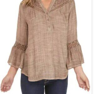 New Direction Women's Taupe/tan Crochet yolk and 3/4 bell sleeve top size Large